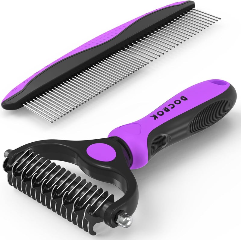 Docrok Pet Grooming Brush and Metal Comb Combo - Undercoat Rake for Dematting and Deshedding Long Matted Haired Dogs and Cats, Purple - Image 1